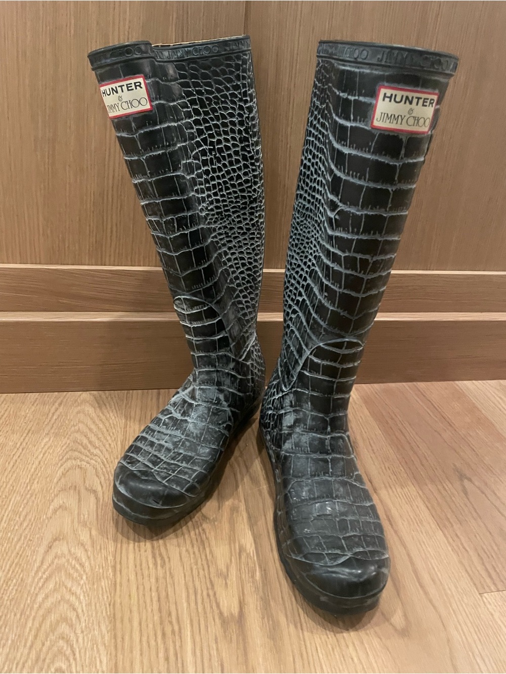 Hunter/Jimmy Choo Black Croc-Embossed Rain Boots